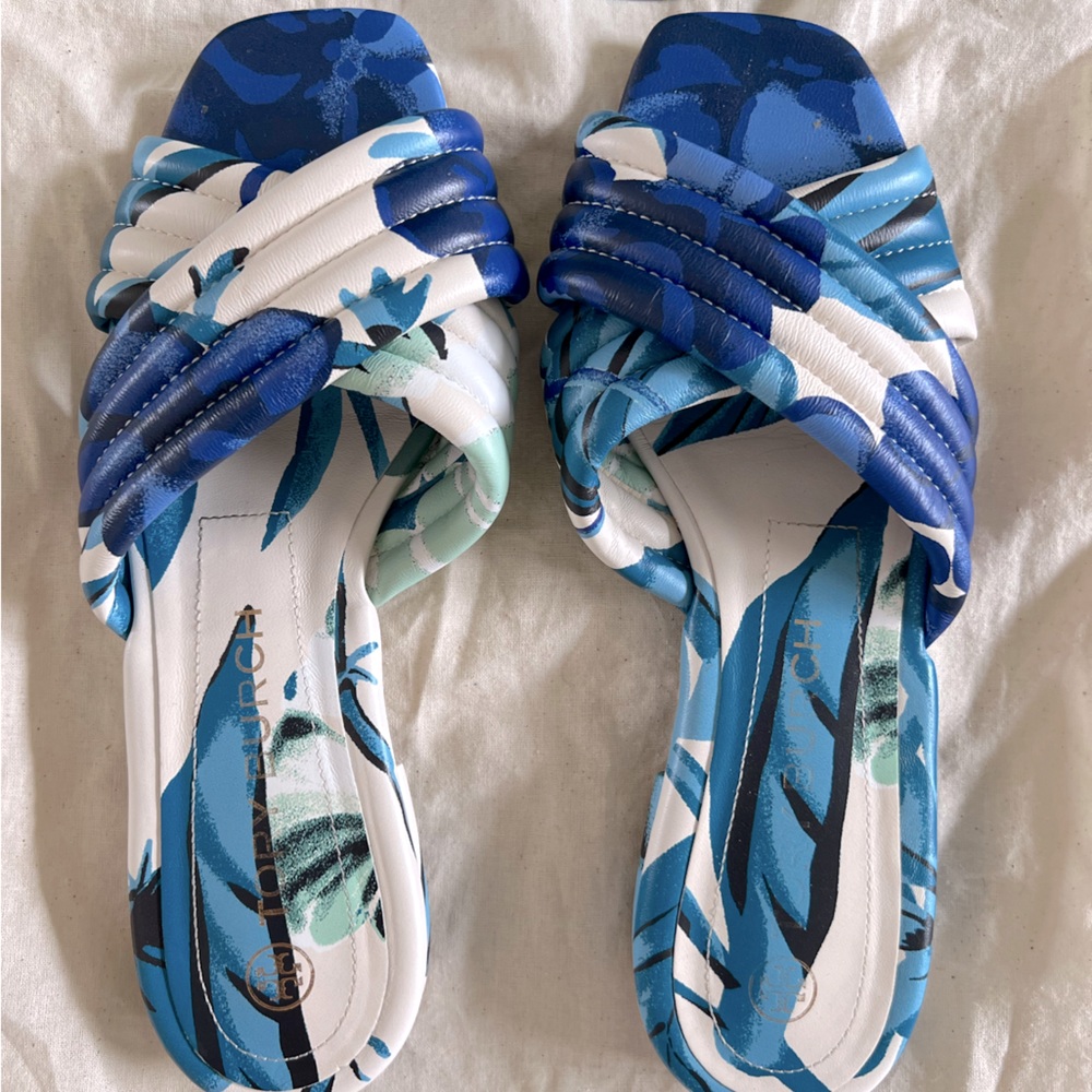 Tory Burch Blue Floral Flat Slide On Sandals - Women Size 9.5
